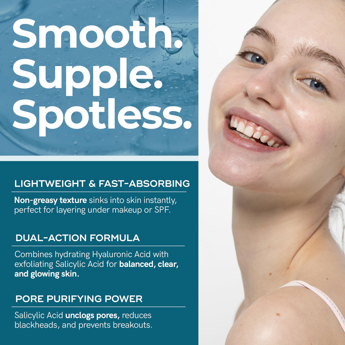 Hand applying Envy serum on cheek demonstrating easy absorption benefit