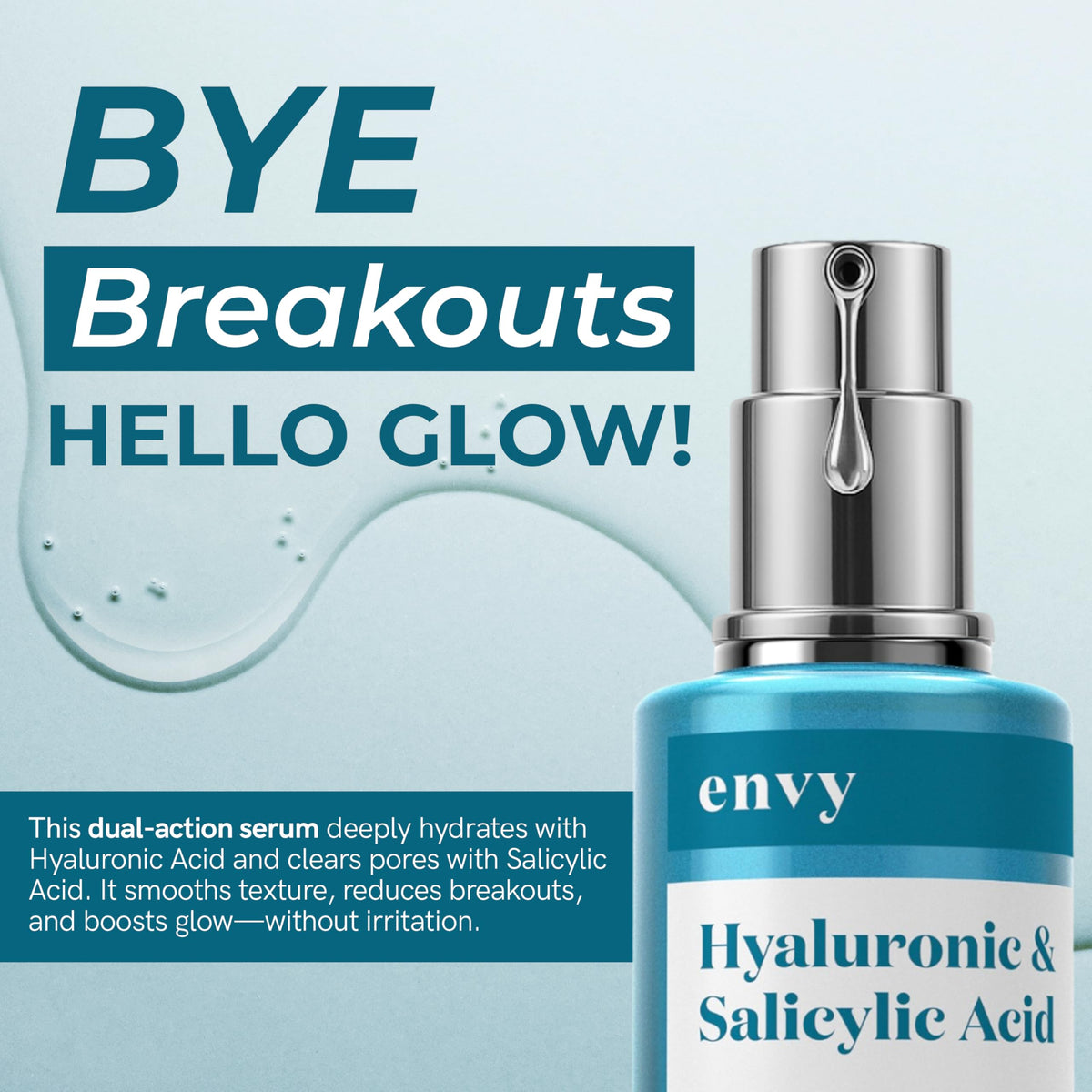 Envy dropper releasing clear serum to show lightweight hydrating texture