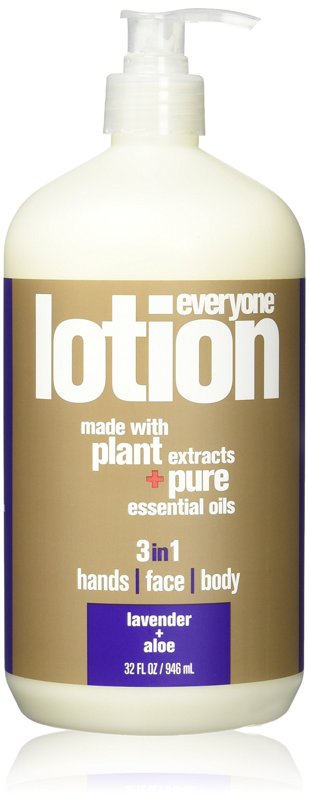EO front packaging of 32 fl oz lavender and aloe lotion showing label and size benefit