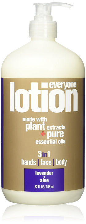 EO front packaging of 32 fl oz lavender and aloe lotion showing label and size benefit