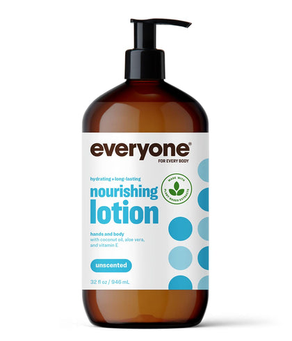 EO Everyone Lotion unscented front packaging 32 fl oz shows label and pump for easy use