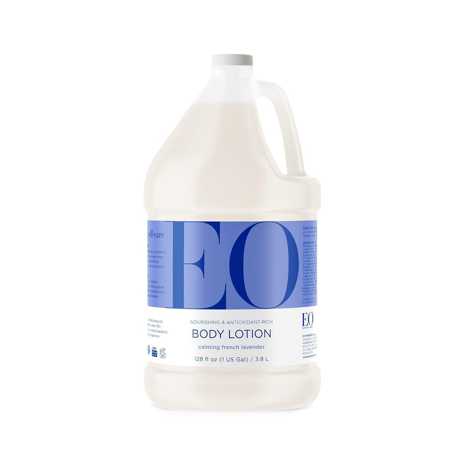 EO gallon bottle front view showing refill packaging and calming lavender benefit