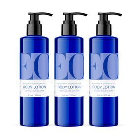 EO front packaging showing three lavender lotion bottles and clear labeling for convenience