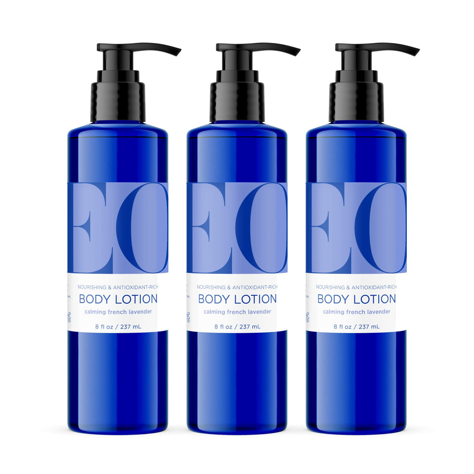 EO front packaging showing three lavender lotion bottles and clear labeling for convenience