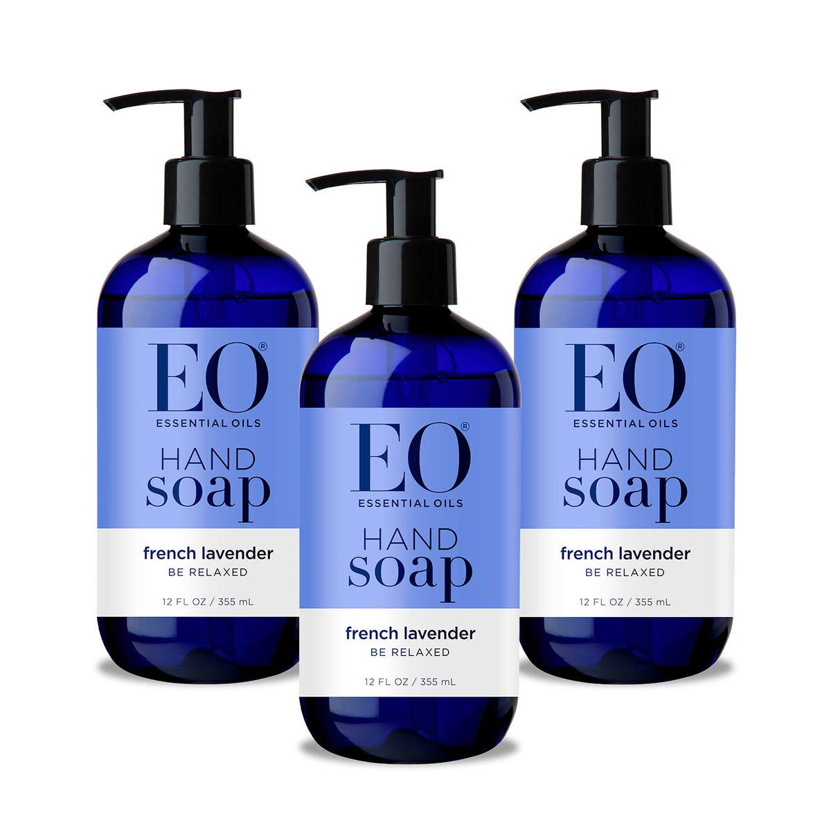 EO front packaging showing three bottles and calming lavender scent benefits