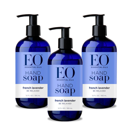 EO front packaging showing three bottles and calming lavender scent benefits