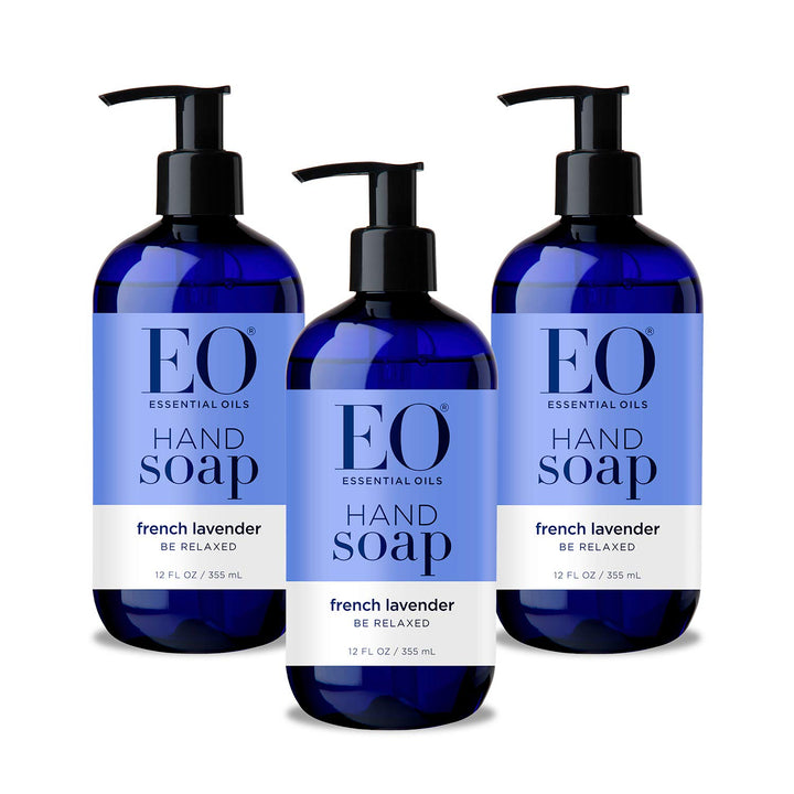 EO front packaging showing three bottles and calming lavender scent benefits