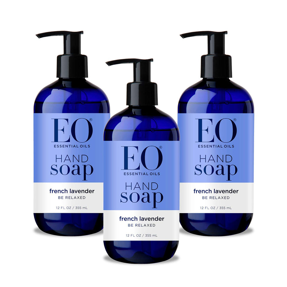 EO front packaging showing three bottles and calming lavender scent benefits
