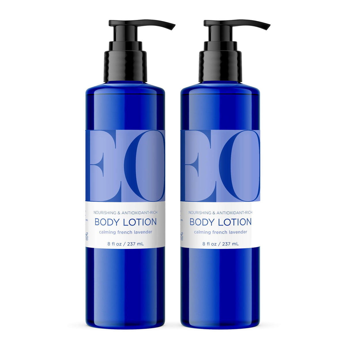 EO front packaging showing two recycled plastic 8 oz bottles and lavender scent benefit