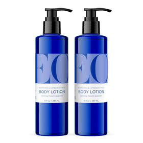 EO front packaging showing two recycled plastic 8 oz bottles and lavender scent benefit