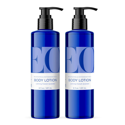 EO front packaging showing two recycled plastic 8 oz bottles and lavender scent benefit