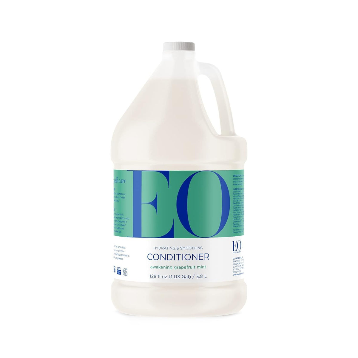 EO gallon front packaging showing organic label and recyclable bottle benefits
