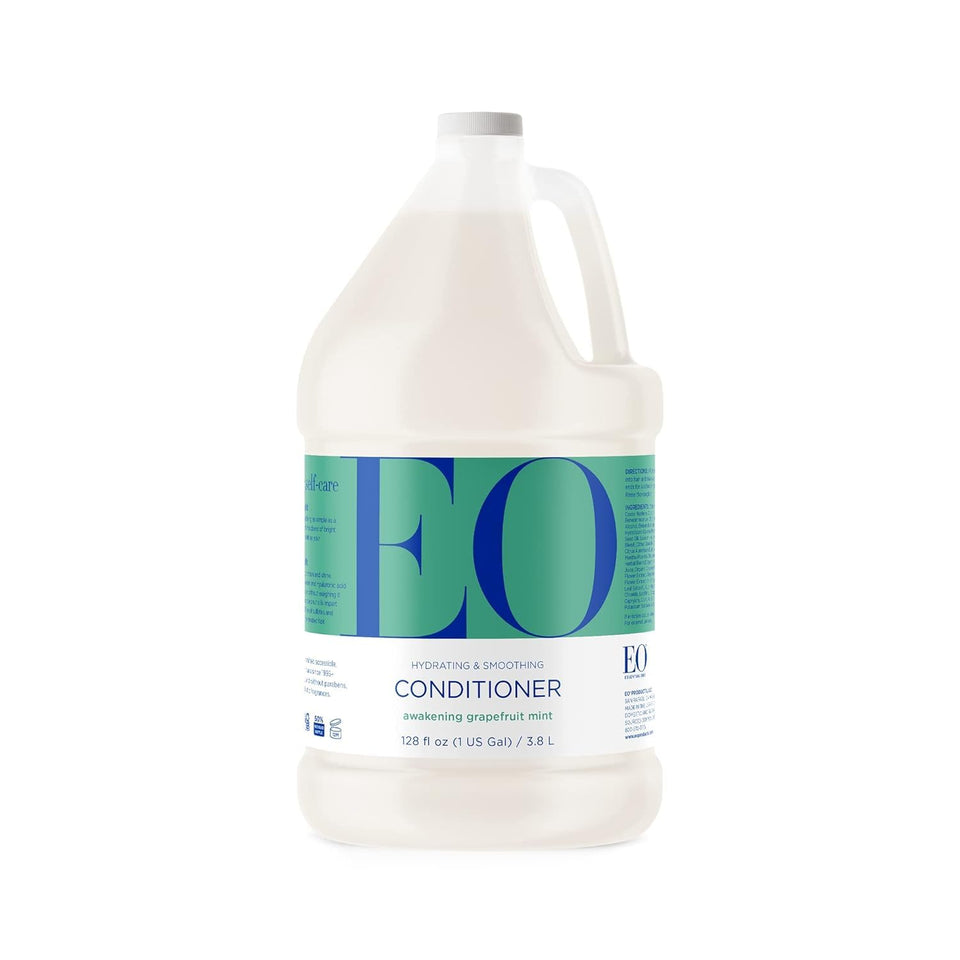 EO gallon front packaging showing organic label and recyclable bottle benefits