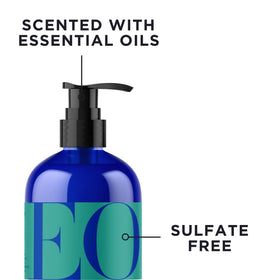 EO bottle label detail highlighting botanical ingredients and recycled plastic benefit