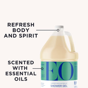 EO pouring shower gel into a pump bottle to refill and reduce waste
