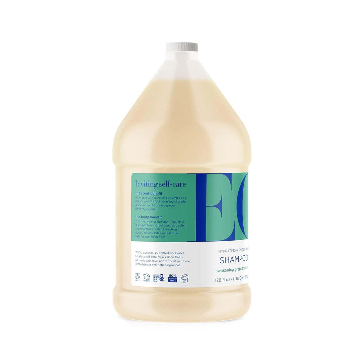 EO shampoo label closeup highlighting ingredients and recycled bottle benefit transparency