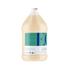 EO shampoo label closeup highlighting ingredients and recycled bottle benefit transparency
