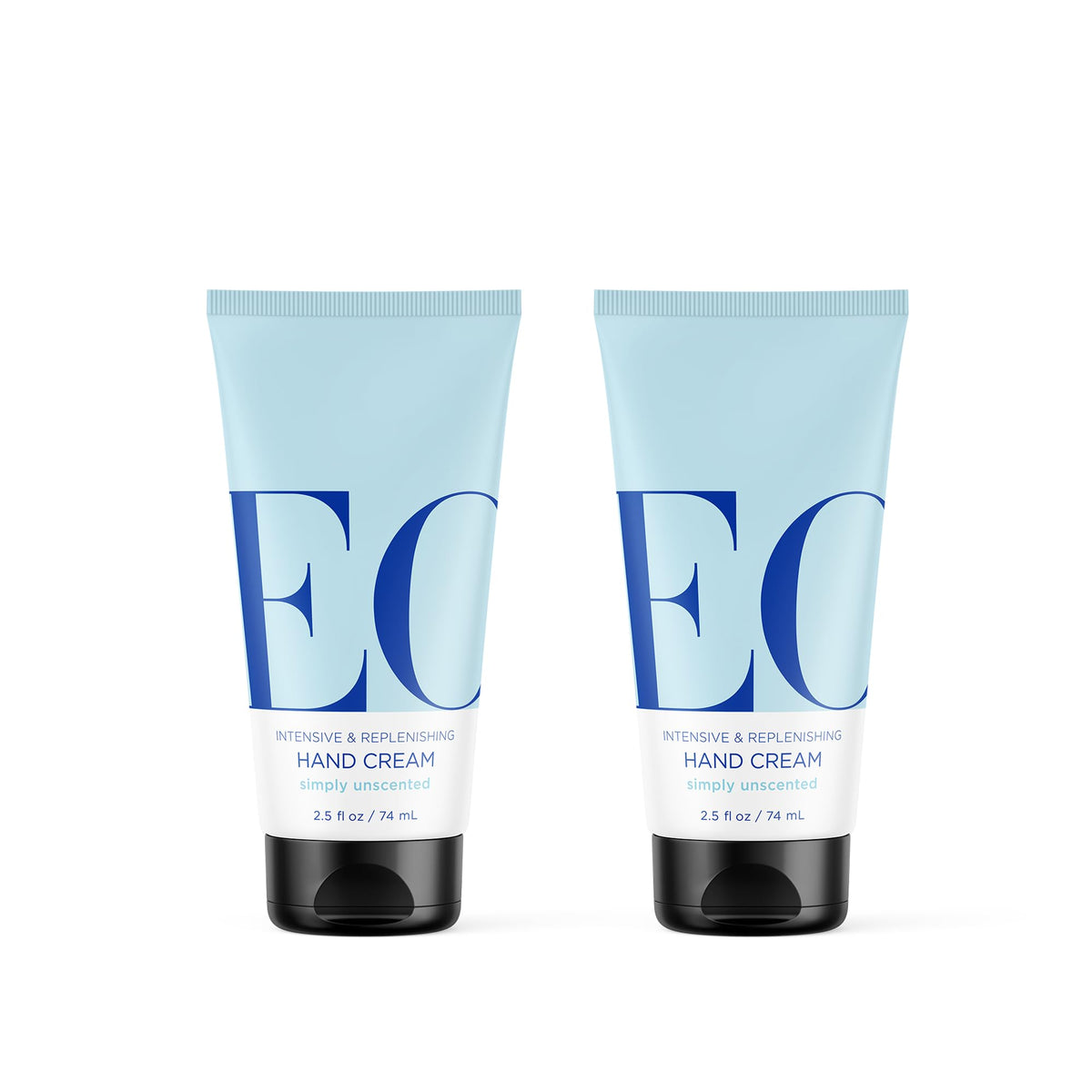 EO front packaging showing two unscented hand cream bottles and clear labeling benefit: travel-ready