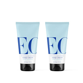 EO front packaging showing two unscented hand cream bottles and clear labeling benefit: travel-ready