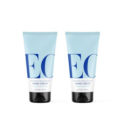 EO front packaging showing two unscented hand cream bottles and clear labeling benefit: travel-ready