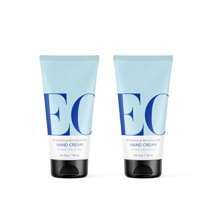 EO front packaging showing two unscented hand cream bottles and clear labeling benefit: travel-ready