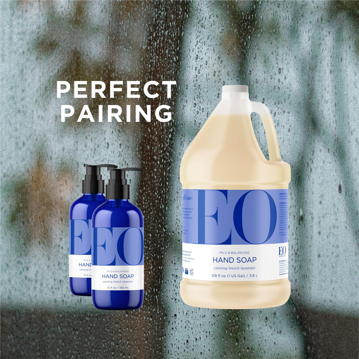 EO bottle placed by sink in bathroom lifestyle setting promoting calming routine