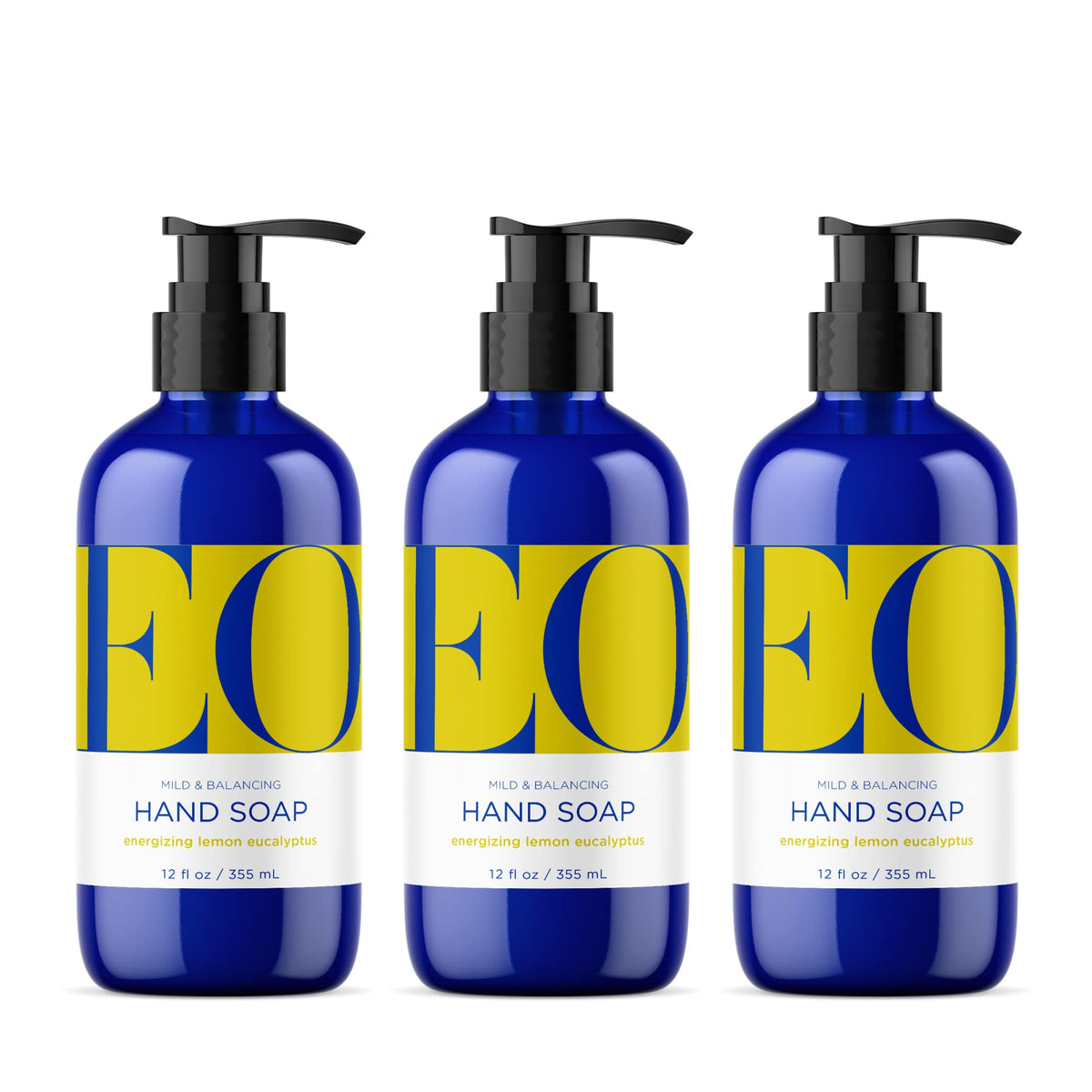 EO front packaging showing three bottles and bright lemon benefit
