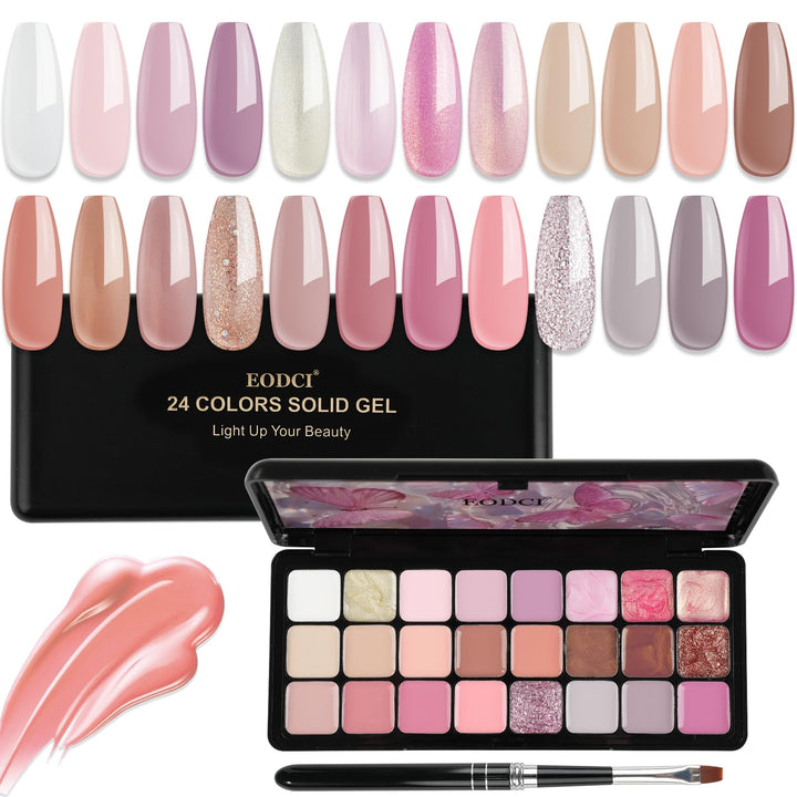 eodci palette front packaging showing 24 solid gel shades and portability benefit