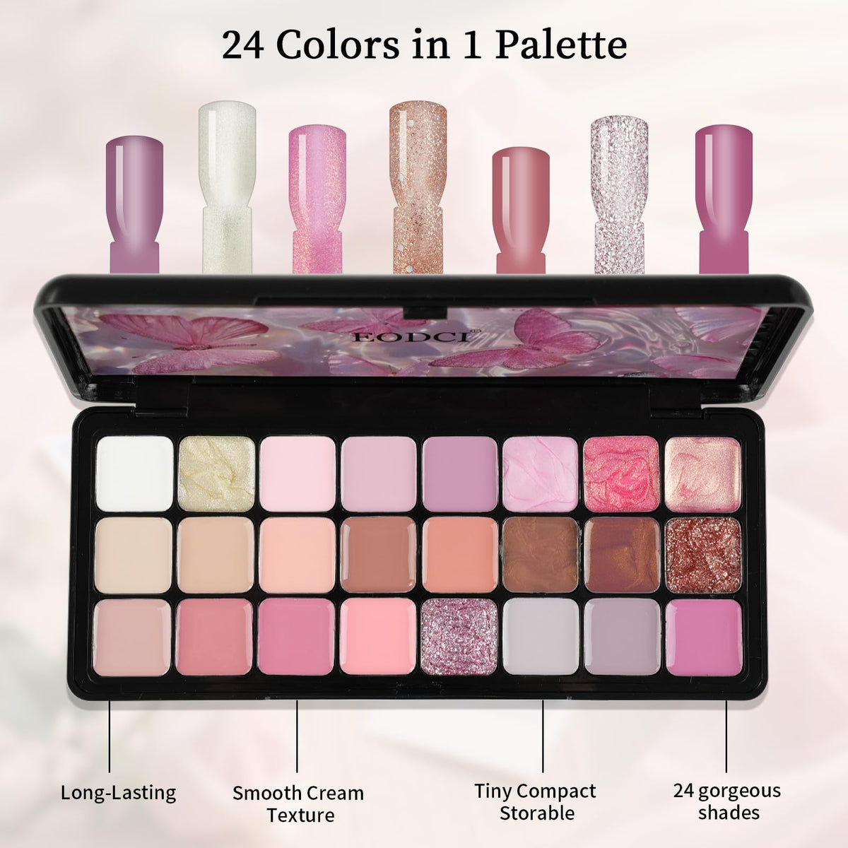 eodci shades open flatlay showing nude browns and glitter golds for versatile looks