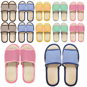 Eorbow front view of ten-pair guest slipper set showing colors and packaging for easy hosting