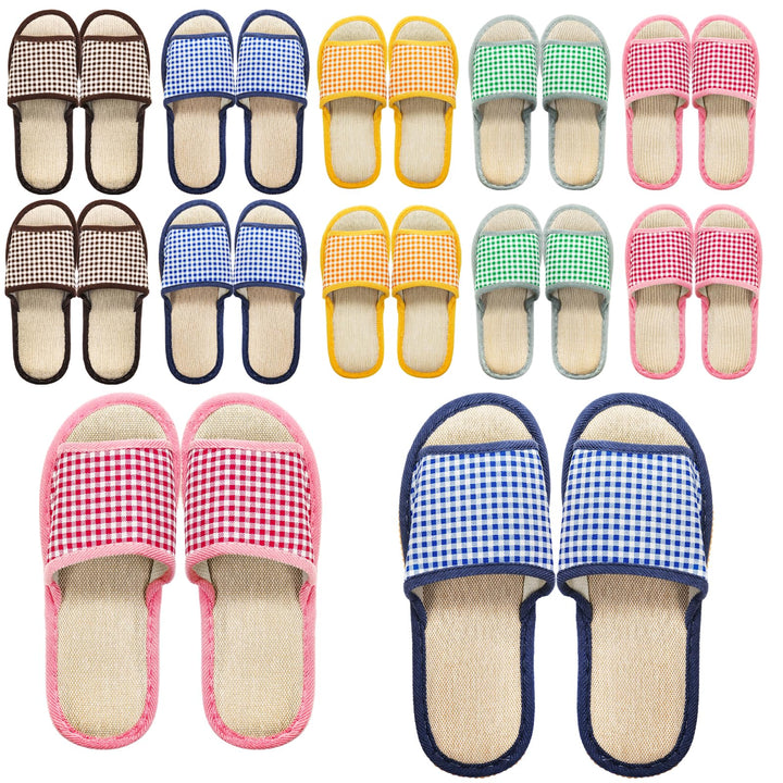 Eorbow front view of ten-pair guest slipper set showing colors and packaging for easy hosting