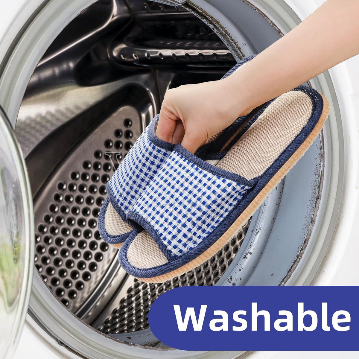 Eorbow slippers worn in bathroom demonstrating safe, slip-resistant indoor use