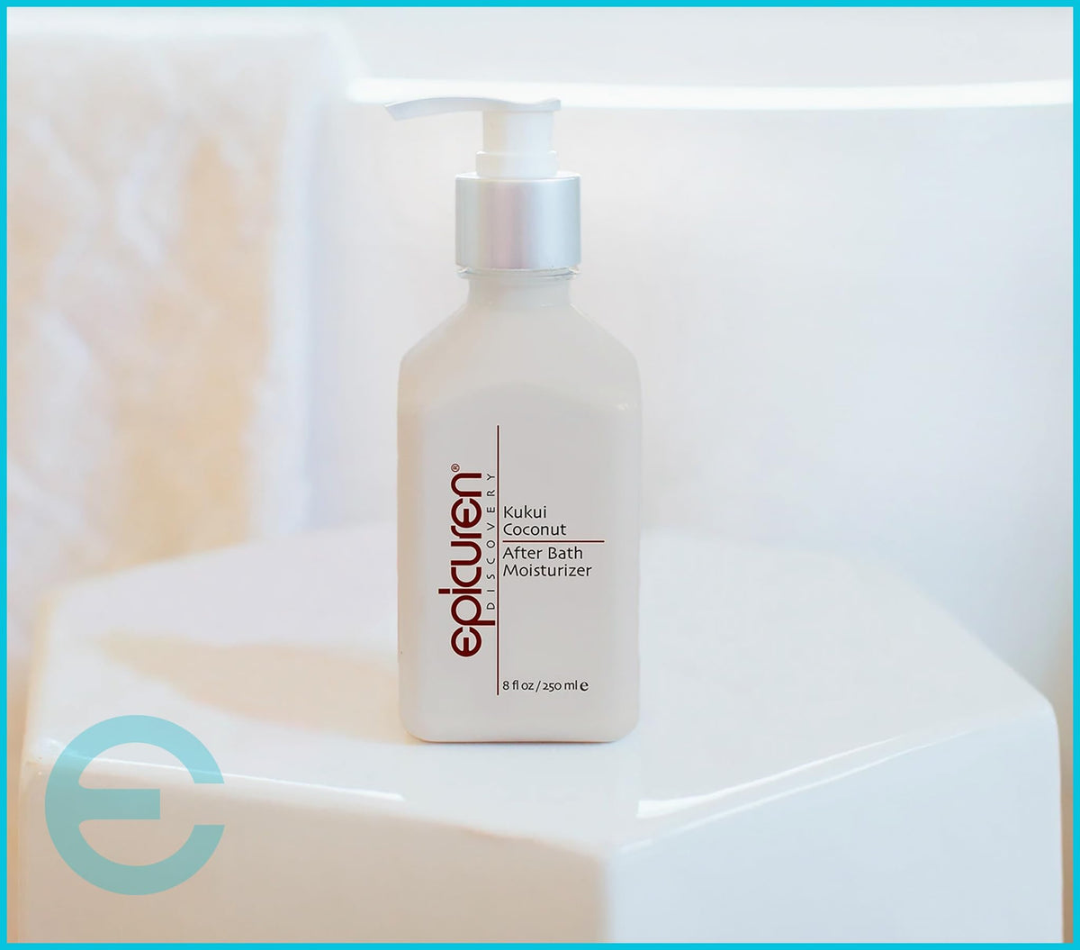 epicuren DISCOVERY bottle beside towel in bathroom for post-bath hydration benefit