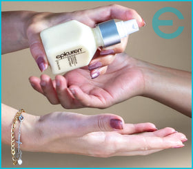 epicuren DISCOVERY cream applied on cheek in lifestyle scene showing dewy, hydrated appearance benefit