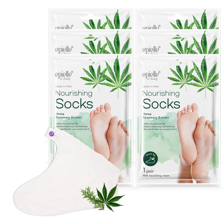 Epielle front packaging showing six moisturizing foot mask pairs and benefits