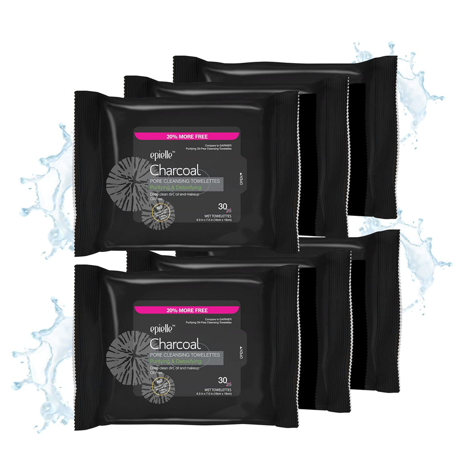 Epielle front packaging showing charcoal wipes and benefits