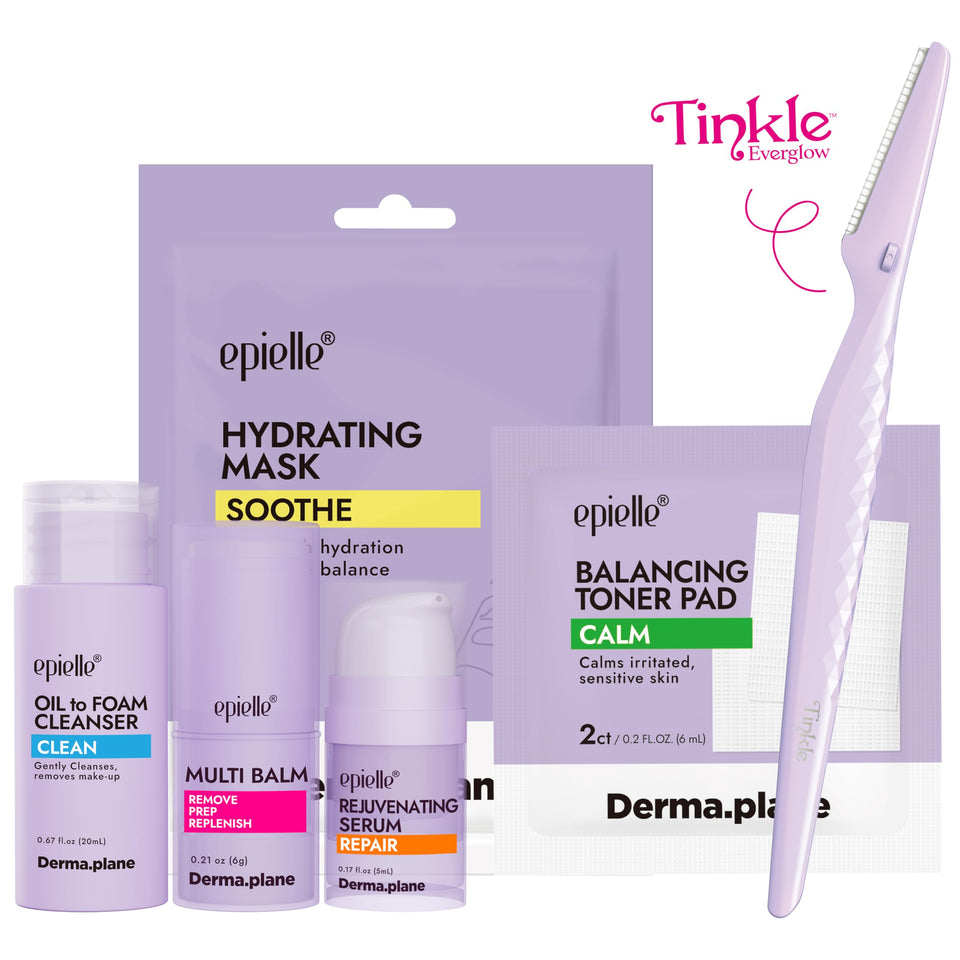 Epielle boxed kit front view showing complete dermaplane set and benefits