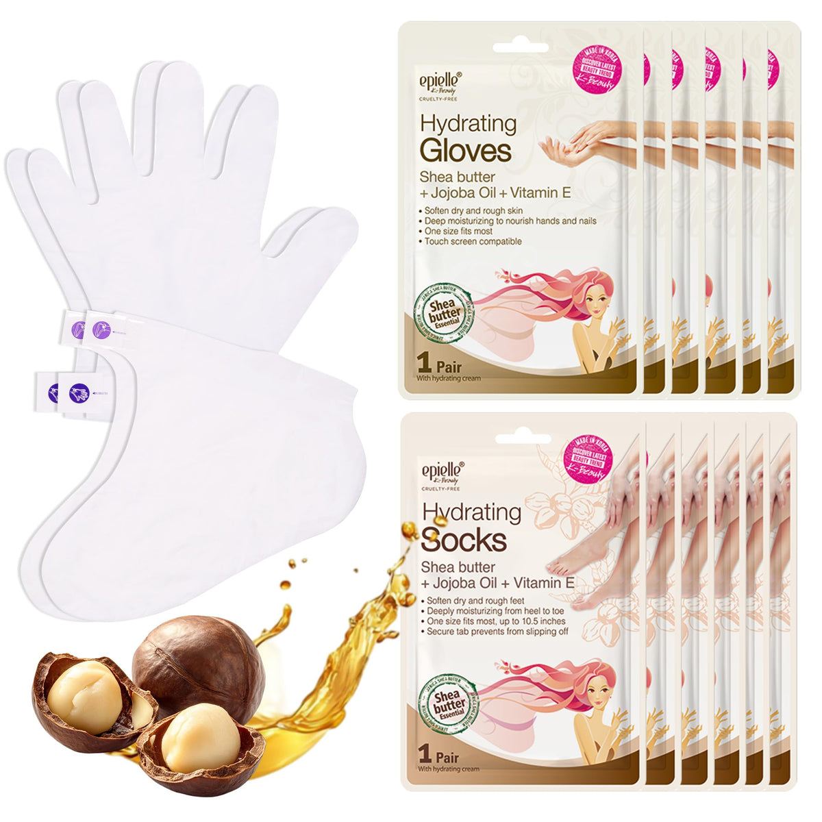 Epielle front packaging showing gloves and socks for easy spa treatments
