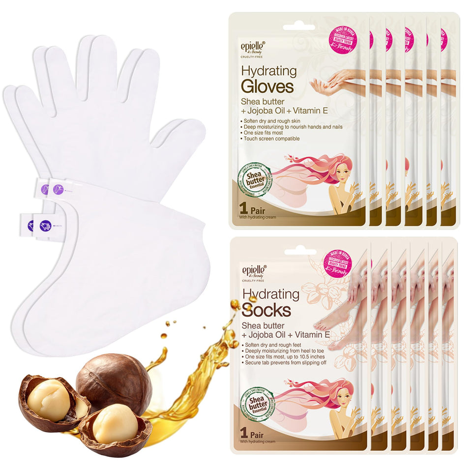 Epielle front packaging showing gloves and socks for easy spa treatments