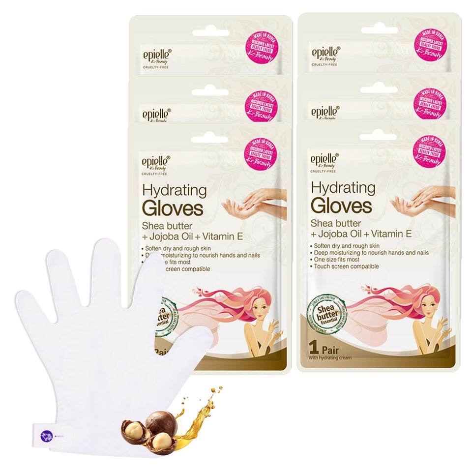 Epielle front packaging showing six pairs of moisturizing hand masks for instant hydration