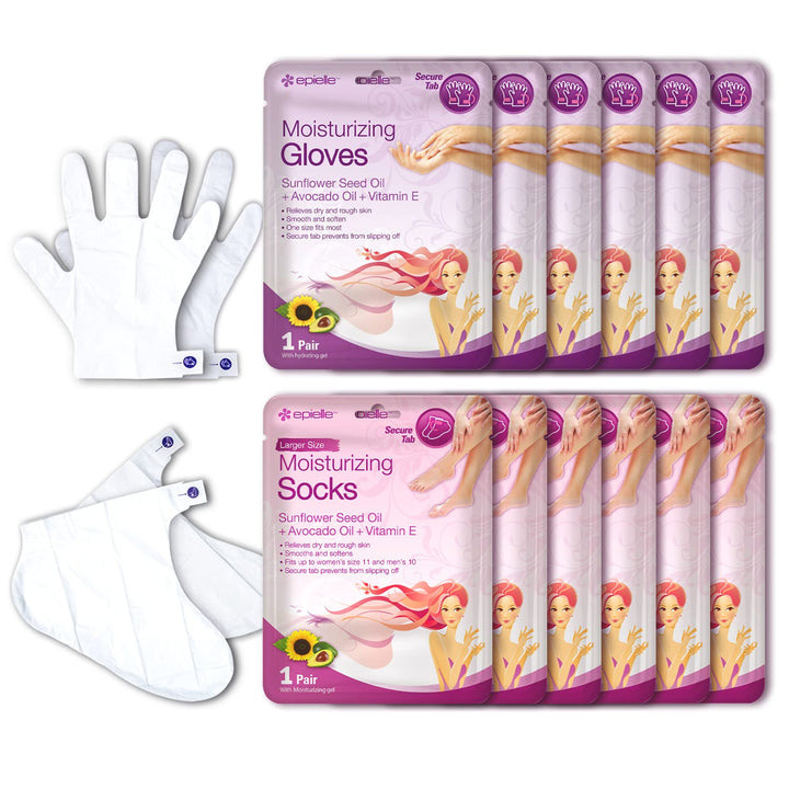 Epielle front packaging showing gloves and socks and product benefits