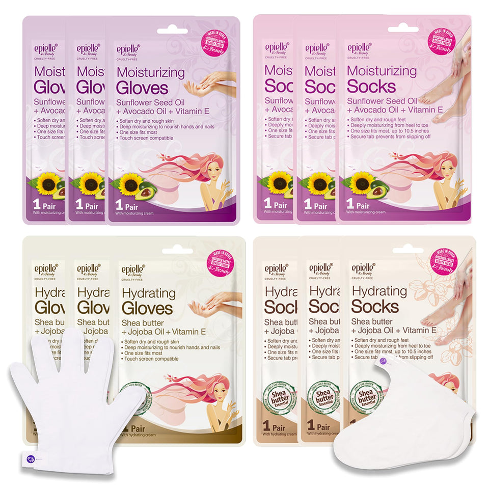 Epielle front packaging showing gloves and socks and immediate moisture benefits