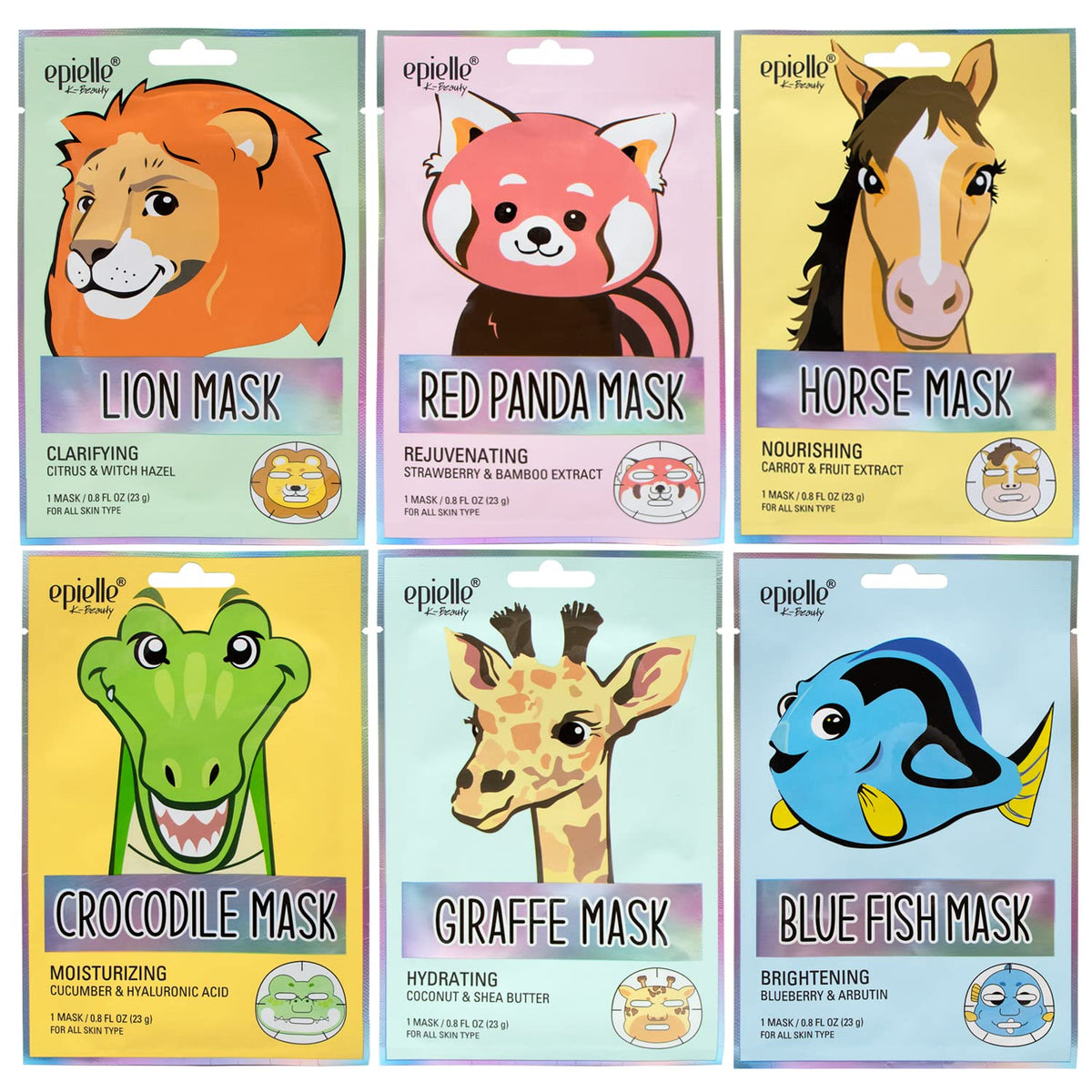 Epielle front packaging showing six animal-themed masks and cheerful design benefit: easy gifting