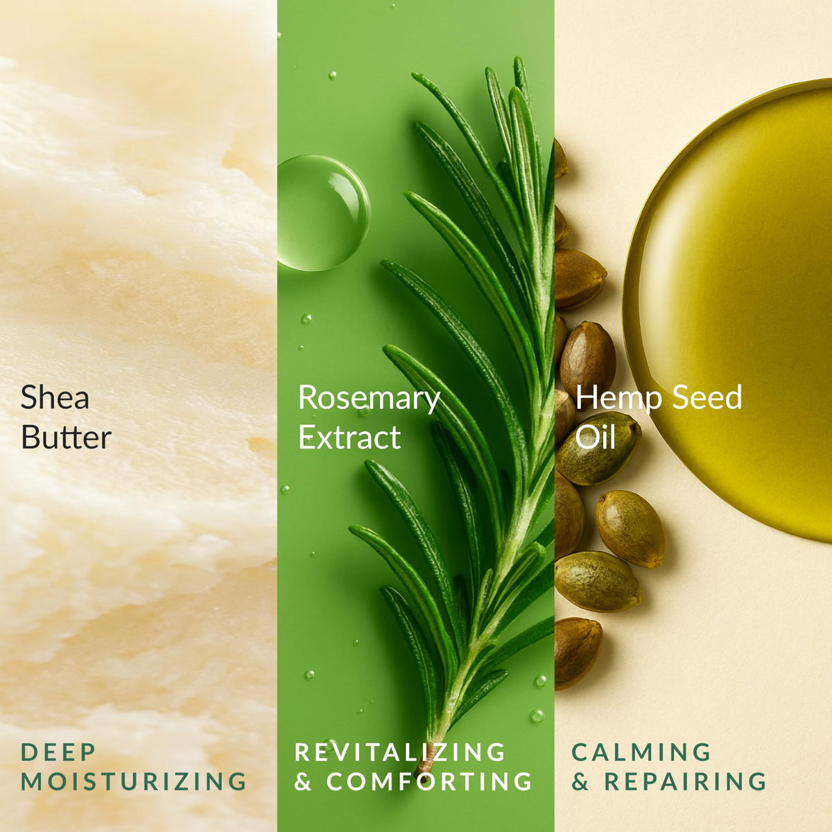 Epielle ingredient label with hemp and rosemary emphasizes natural extracts