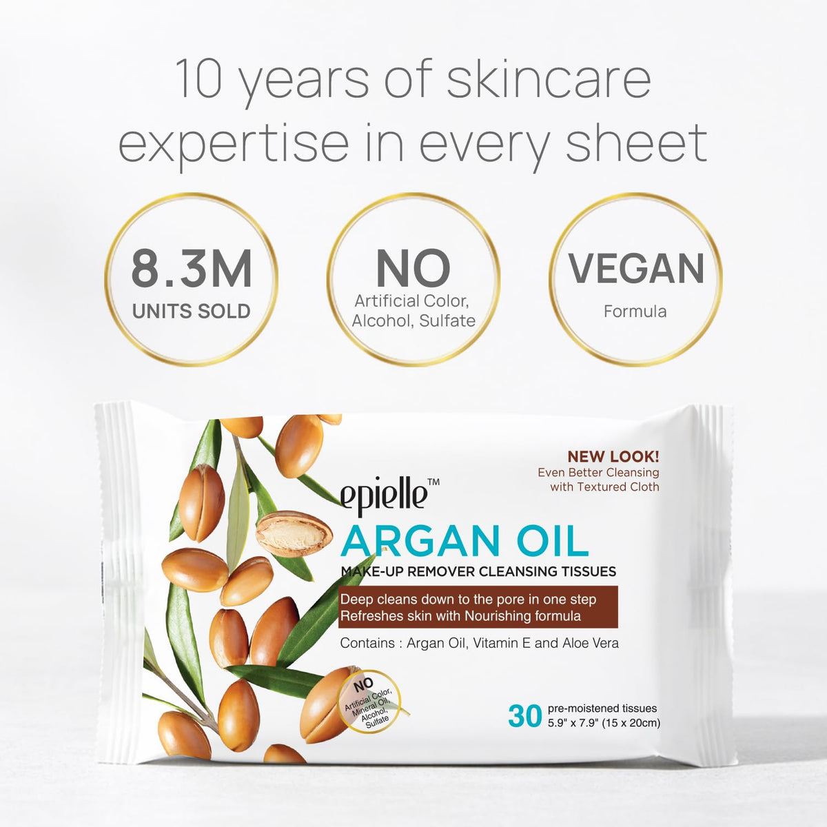 Epielle open wipe revealed from pack showing moist towelette ready for quick makeup removal