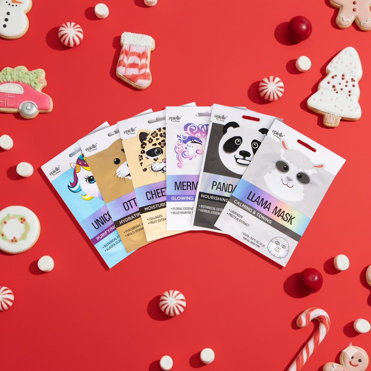 Epielle party favor display with masks arranged for spa-themed gifting