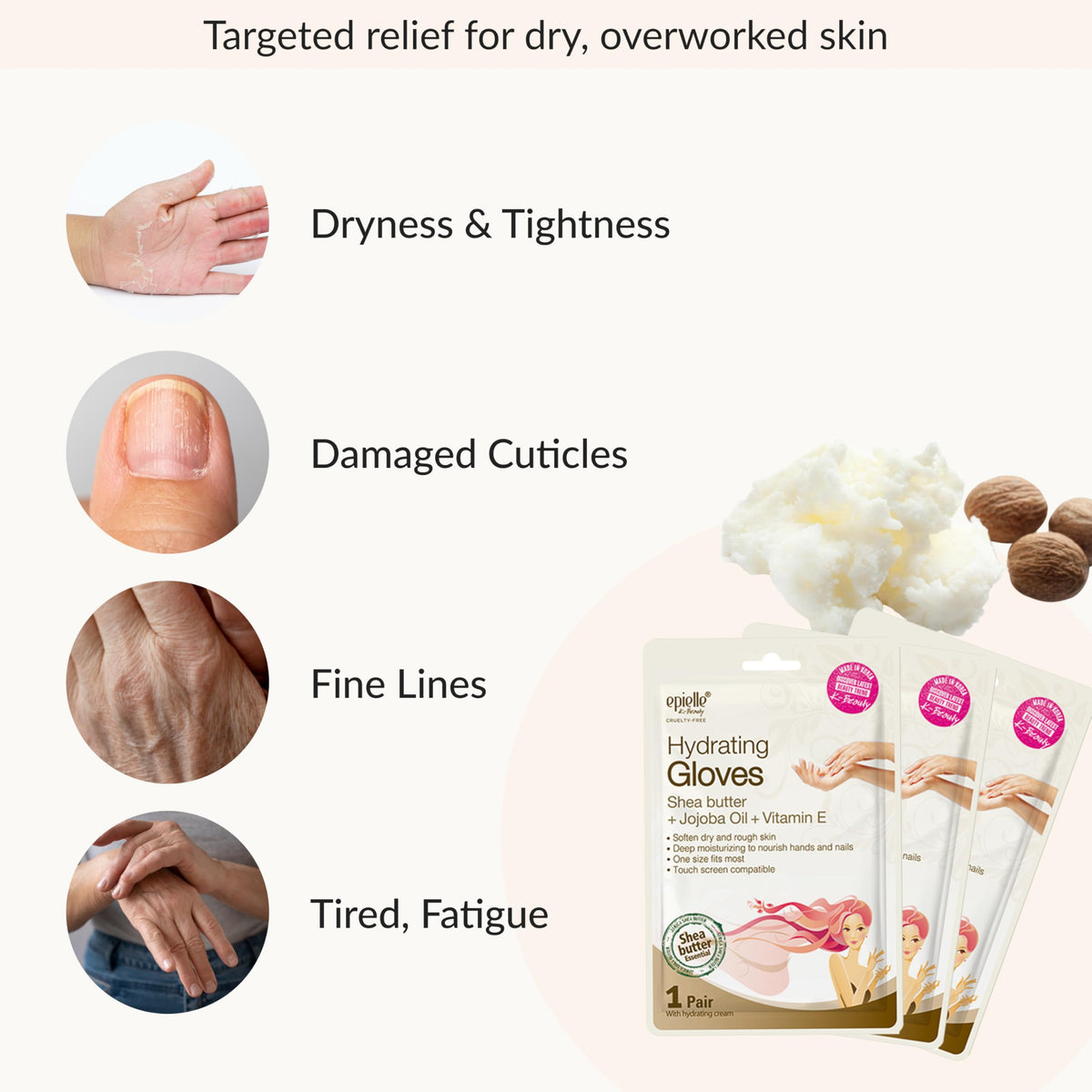 Epielle glove on hand size comparison illustrating fit and full-coverage benefit
