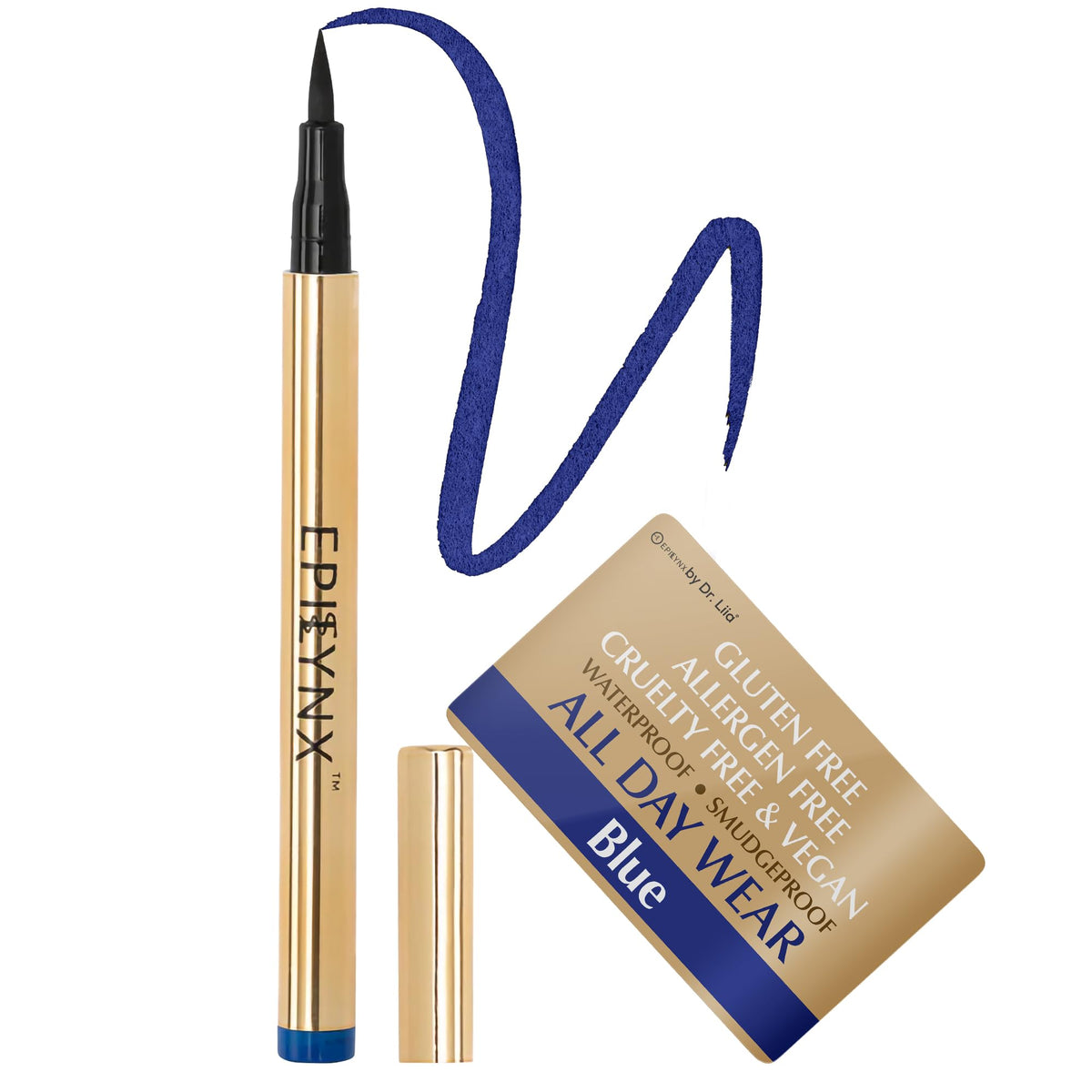 EPILYNX front packaging showing blue eyeliner and compact design benefit