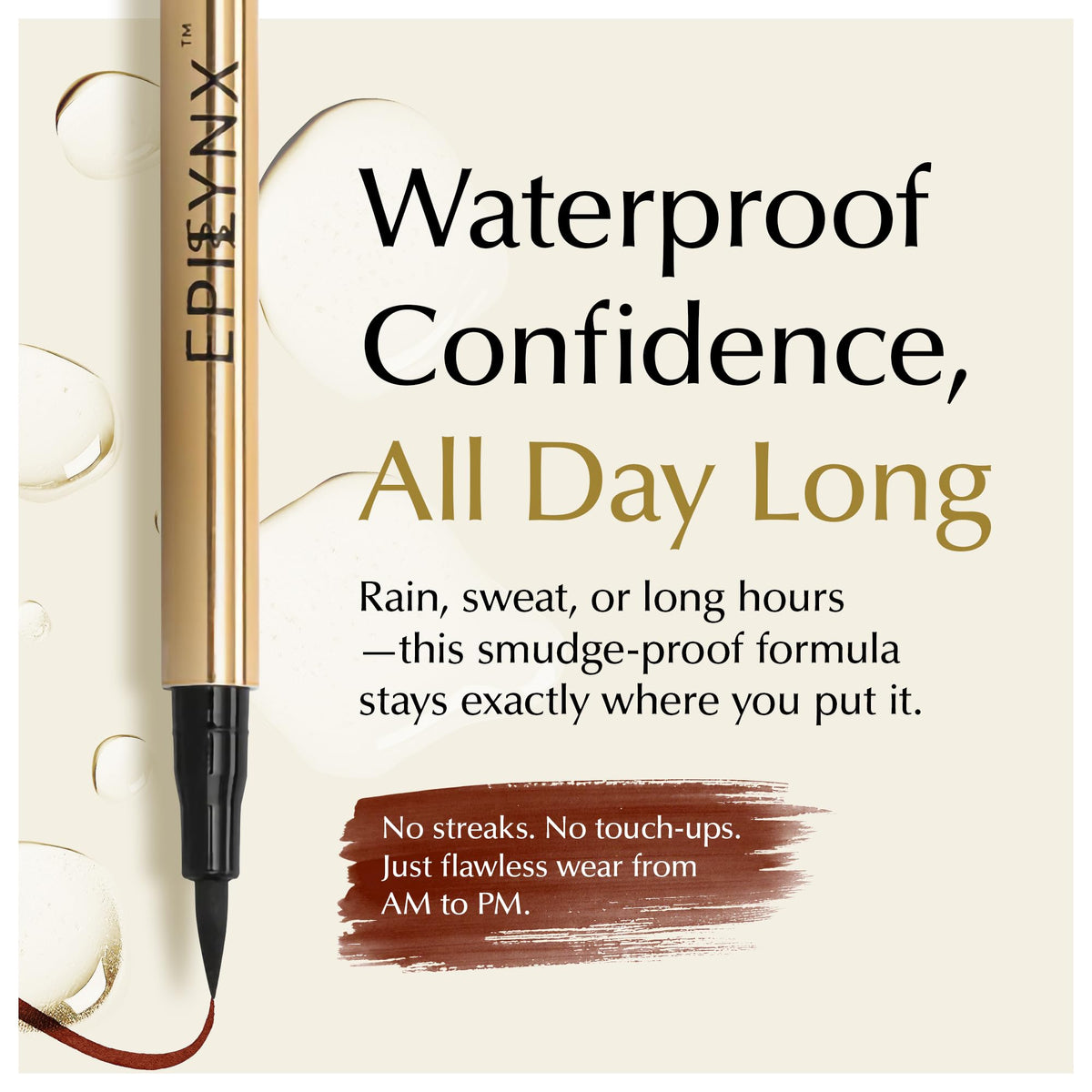 EPILYNX rich brown ink stroke showing pigment payoff and smooth glide