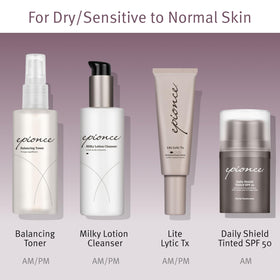 Bathroom shelf with Epionce toner in daily skincare routine benefit